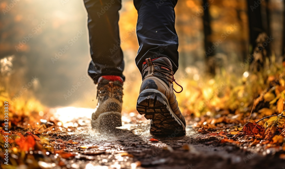 Close-up of male legs, man walking in autumn forest, Go on a nature hike, relax and recharge concept Close-up of male legs, man walking in autumn forest, Go on a nature hike, relax and recharge concept