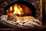 cat curled up in a plush bed near a roaring fireplace