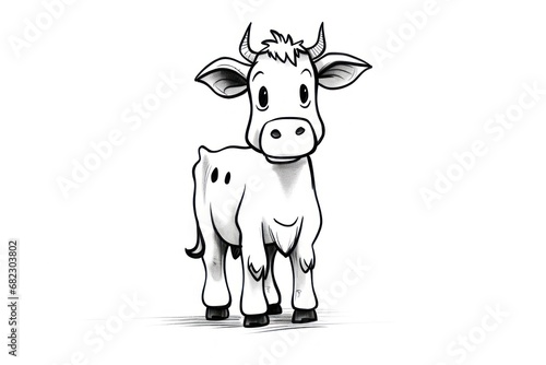  a black and white drawing of a cow standing in front of a white background with the head of a calf in the foreground and the head of the cow in the foreground.