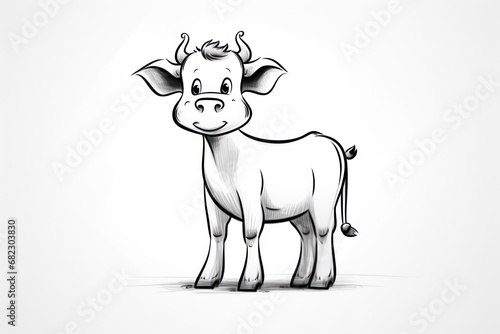  a black and white drawing of a cow standing on a white background with a black and white line drawing of a cow on the side of it s head.