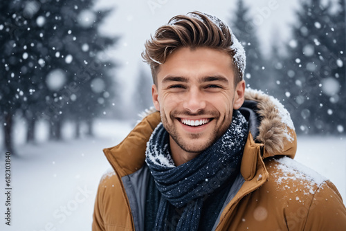 A young men standing oustide in the snow photo