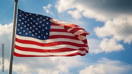 a flag waving in the wind with a blurred background of blue sky and clouds.