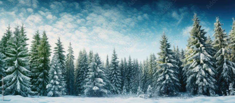 Fototapeta premium In the heart of the winter, nestled within the serene forest, a majestic evergreen coniferous tree stood tall, its lush green foliage contrasting with the wintry blue sky, embodying the natural beauty