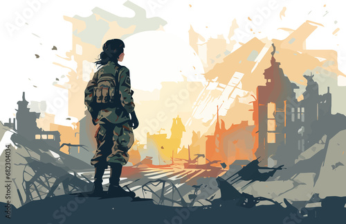 woman soldier in ruined city isolated vector style with transparent background illustration