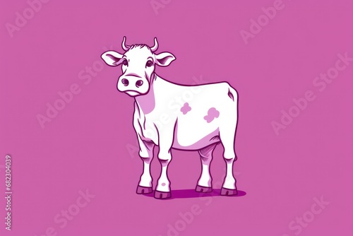  a cow that is standing in the middle of a pink background with a white spot on the cow's head and a black spot on the side of the cow's head.