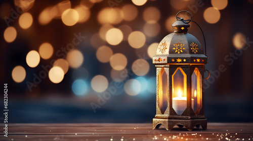Vintage Christmas lantern on bokeh background