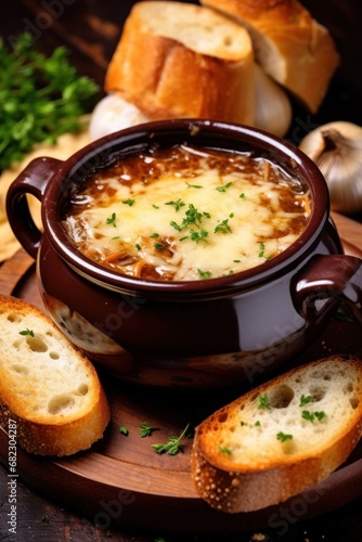 A rustic French onion soup with gooey melted cheese on top and a thick slice of bread for dipping