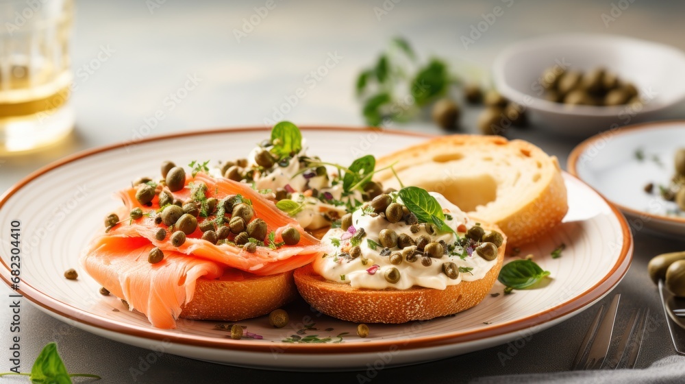 A plate of smoked salmon, cream cheese, and bagel with capers and red onion
