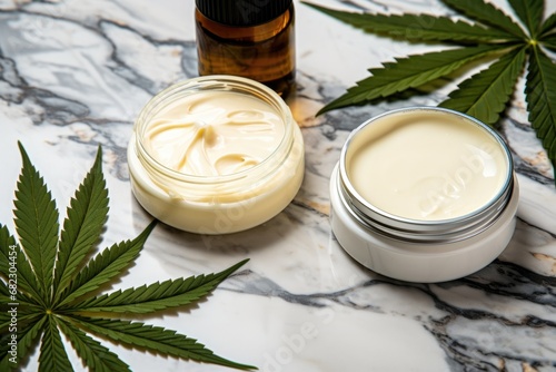 close-up of cbd-infused creams on a marble countertop