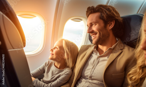 Happy family travel by plane, Kid sit at the window of an airplane, Family Traveling. photo