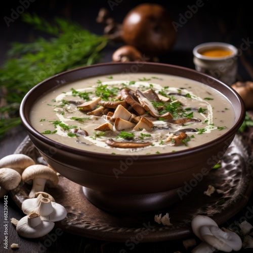 A rich mushroom soup with earthy shiitake mushrooms and a swirl of cream for added decadence