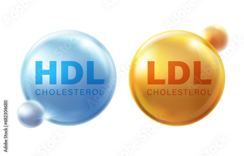 Crystal glass icon symbol HDL good cholesterol and LDL bad cholesterol. Indicates the density of fat in the arteries and high cholesterol levels can cause various diseases. illustration vector file. photo