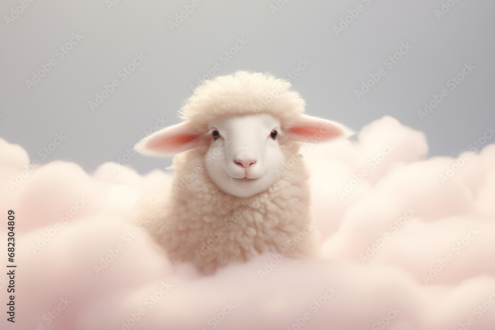 Little white sheep on fluffy clouds. Concept of soft luxury wool Little white sheep on fluffy clouds. Concept of soft luxury wool