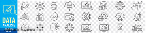 Data analysis, Analytics, Statistics, Big data, Database editable stroke line icons set collection illustration vector