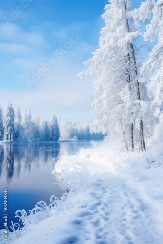 A picturesque winter landscape with snow-covered trees and a frozen lake © ArtCookStudio