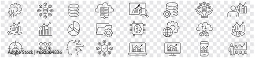 Data analysis, Analytics, Statistics, Big data, Database editable stroke line icons set collection illustration vector