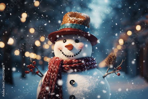  a snowman wearing a hat, scarf, and a scarf around his neck, standing in the snow in front of a blurry background of boke of christmas lights.