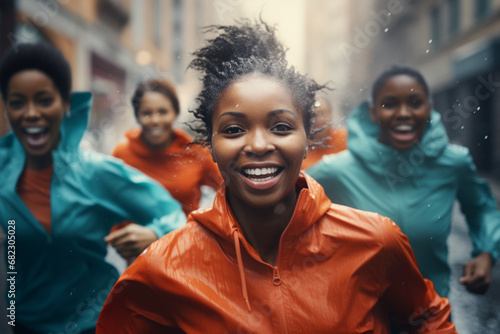 Different ethnic group womans in color sportswear, running at city in splashes rain.