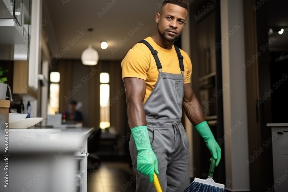 African american ethnicity Man from professional cleaner service, clean the flat African american ethnicity Man from professional cleaner service, clean the flat