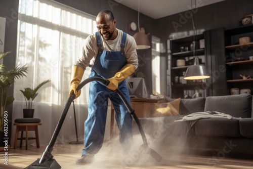 African american ethnicity Man from professional cleaner service, clean the flat photo