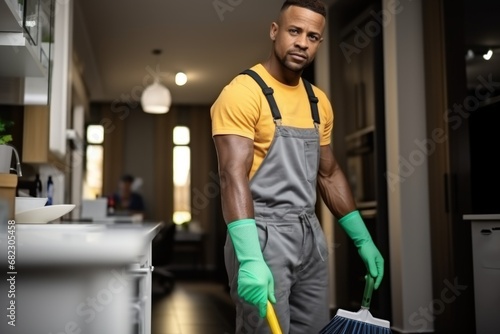 African american ethnicity Man from professional cleaner service, clean the flat © kozirsky