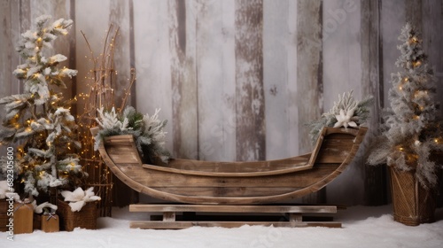 A rustic wooden sled leaning against a wall with a backdrop of snowflakes and evergreen branches