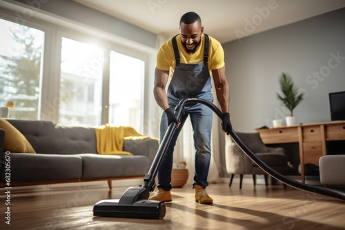 African american ethnicity Man from professional cleaner service, clean the flat photo
