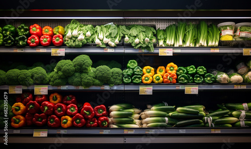 Fresh organic vegetables on a shelf in a supermarket  Shopping tomatoes  pepper peppers  cucumbers in a supermarket  healthy consumerism food concept.