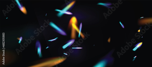 Blurred rainbow refraction overlay effect. Light lens prism effect on black background. Holographic reflection, crystal flare leak shadow overlay. Vector abstract illustration.