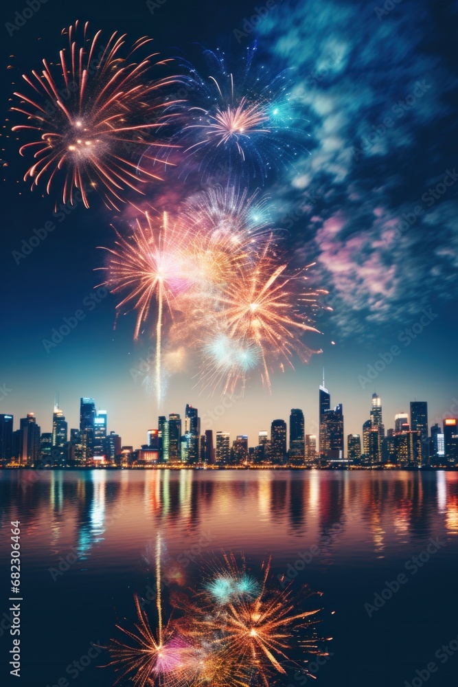 A stunning fireworks display lighting up the night sky above a city skyline - obrazy, fototapety, plakaty 