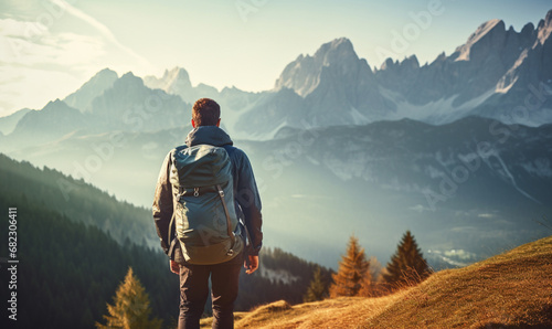 Male hiker traveling, walking alone Italian Dolomites.