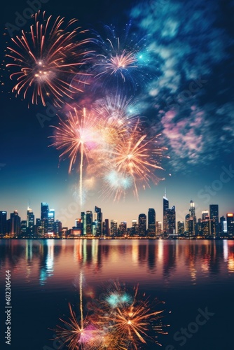 A stunning fireworks display lighting up the night sky above a city skyline photo
