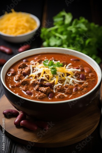 A spicy and flavorful chili soup with tender chunks of beef, beans, and a sprinkle of grated cheese