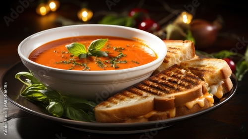 A steaming bowl of tomato soup with a grilled cheese sandwich on the side, photo