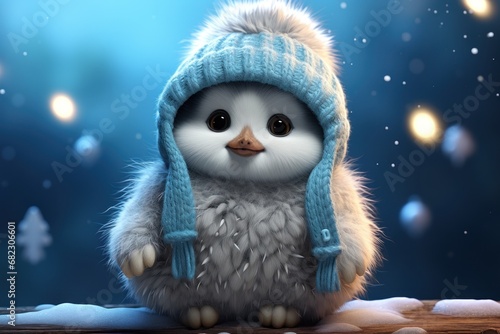  a cute little penguin with a blue hat and scarf sitting on top of a snow covered wooden plank in front of a night sky with stars and snowflakes.