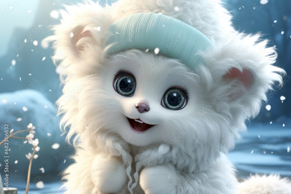 a white teddy bear with a blue hat on it's head sitting on a snow covered ground in front of a blue background with white snowflakes and snowflakes. a white teddy bear with a blue hat on it's head sitting on a snow covered ground in front of a blue background with white snowflakes and snowflakes.