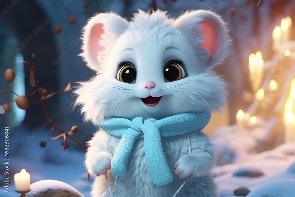a white mouse wearing a blue scarf standing in a snowy area with a lit candle in the background and a lit tree in the foreground with snow on the ground. a white mouse wearing a blue scarf standing in a snowy area with a lit candle in the background and a lit tree in the foreground with snow on the ground.
