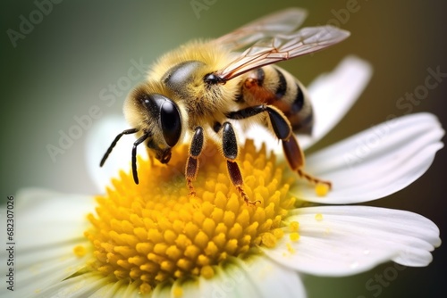a bee collecting nectar from a chamomile flower