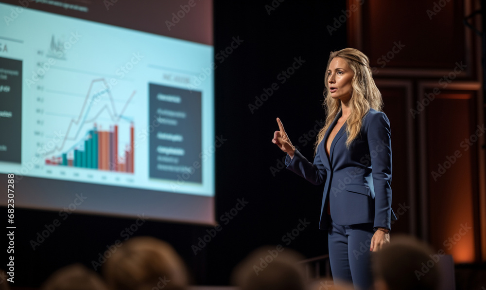 Business Woman on stage at conference holding a presentation - obrazy, fototapety, plakaty 
