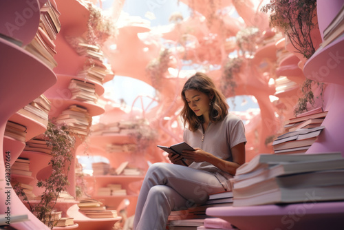 A candid shot of a person immersed in reading, the pastel environment suggesting a tranquil escape into the world of literature. Concept of literary immersion and relaxation. Generative Ai. © Sebastian