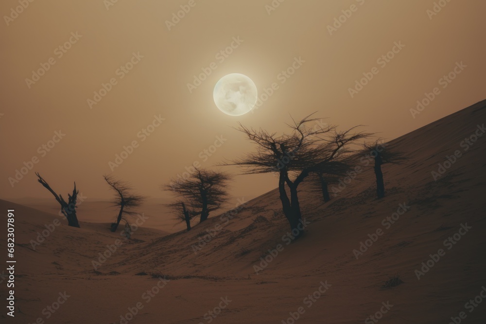  a group of trees on a hill with a full moon in the sky above them and a foggy sky in the background, with a line of trees in the foreground, in the foreground, in the foreground, a.