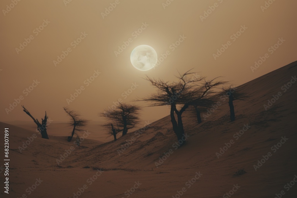a group of trees on a hill with a full moon in the sky above them and a foggy sky in the background, with a line of trees in the foreground, in the foreground, in the foreground, a. a group of trees on a hill with a full moon in the sky above them and a foggy sky in the background, with a line of trees in the foreground, in the foreground, in the foreground, a.