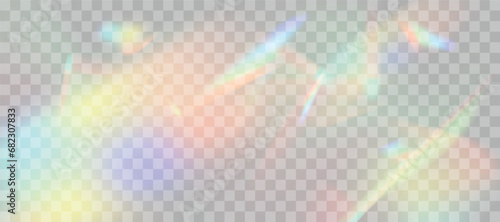 Blurred rainbow refraction overlay effect. Light lens prism effect on transparent background. Holographic reflection, crystal flare leak shadow overlay. Vector abstract illustration. photo