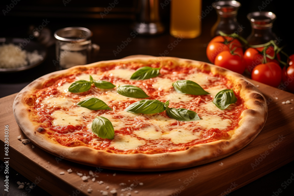 Italian pizza Margherita with cheese, tomato sauce and basil on the wooden board on the table