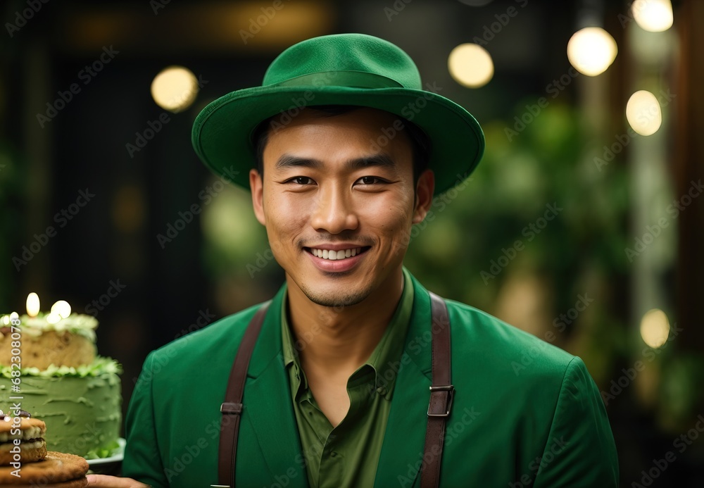 Charming handsome asian men wearing green costume and hat, cake on tabletop, blurred background Charming handsome asian men wearing green costume and hat, cake on tabletop, blurred background