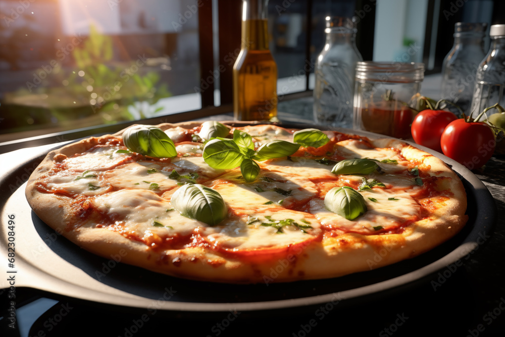 Italian pizza Margherita with cheese, tomato sauce and basil on the plate on the table in sunlight