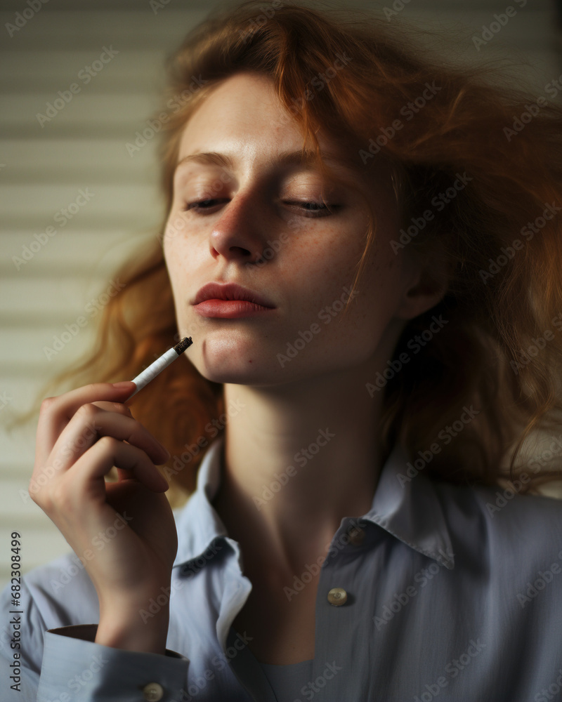 Woman smoking in room