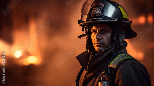 Firefighter with a building on fire in the background