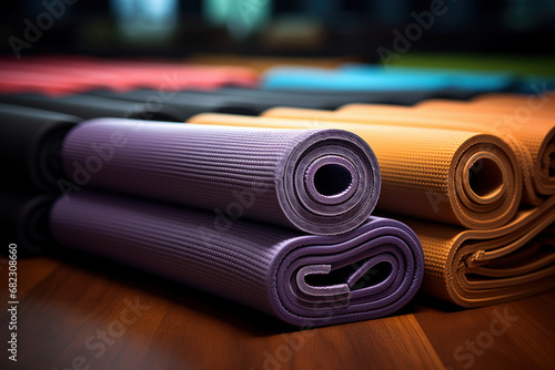 A stack of colorful yoga mats in a serene setting, promoting the benefits of mindfulness and physical well-being. Concept of holistic health. Generative Ai.