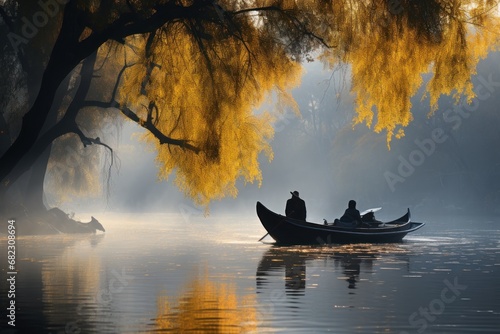  a couple of people in a boat on a body of water next to a tree with yellow leaves and a man in a hat on the front of the boat.